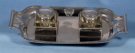 A late Victorian silver inkstand, by Martin, Hall & Co, length 262mm, weight 12.4oz/388grms.